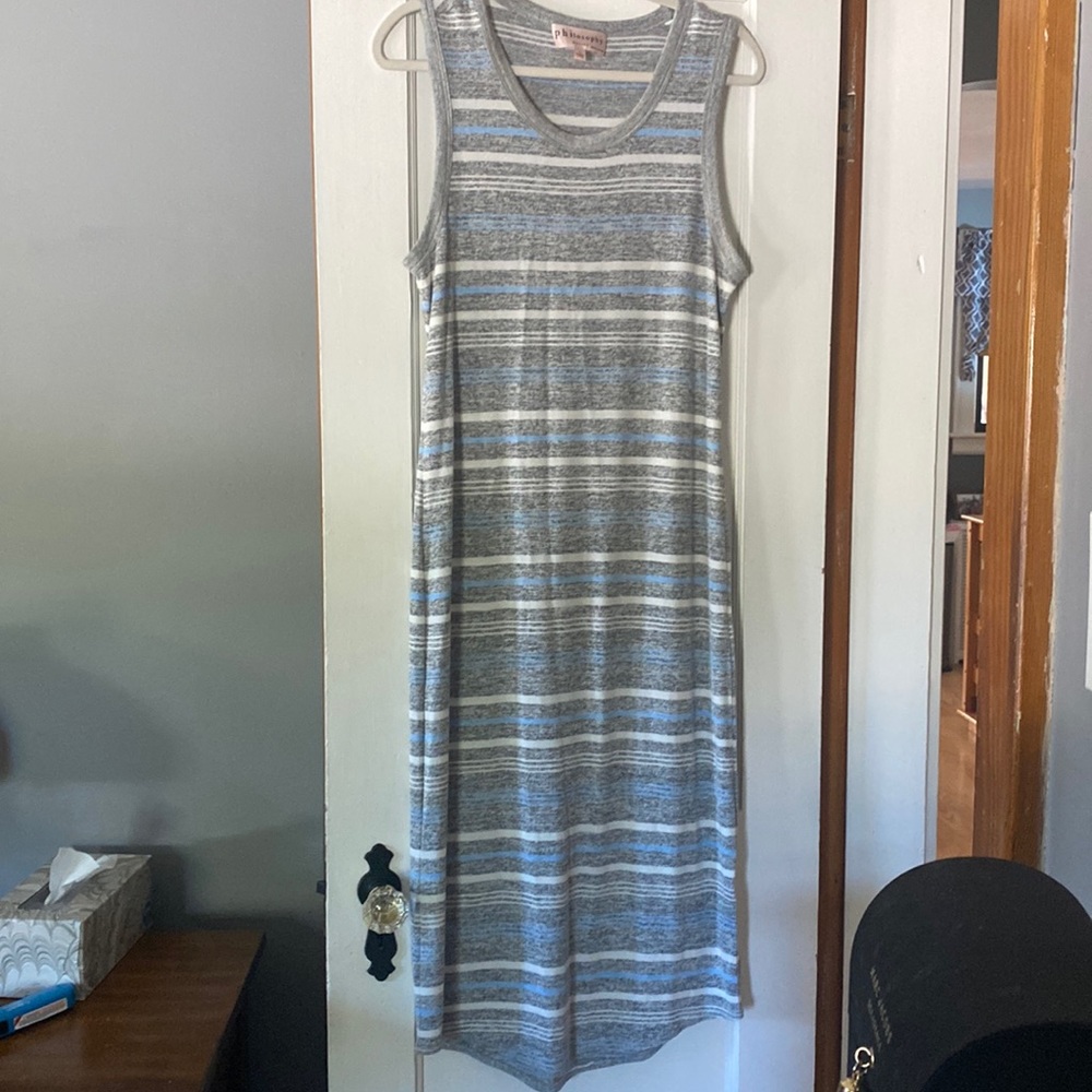 Gray blue white striped summer dress